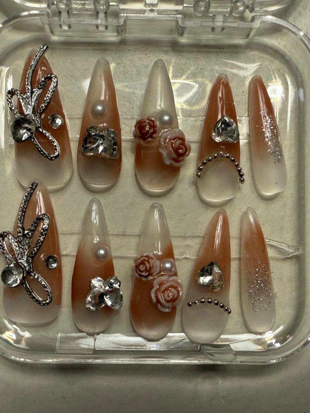 Elegant Nude and White Press-On Nails with Rhinestones